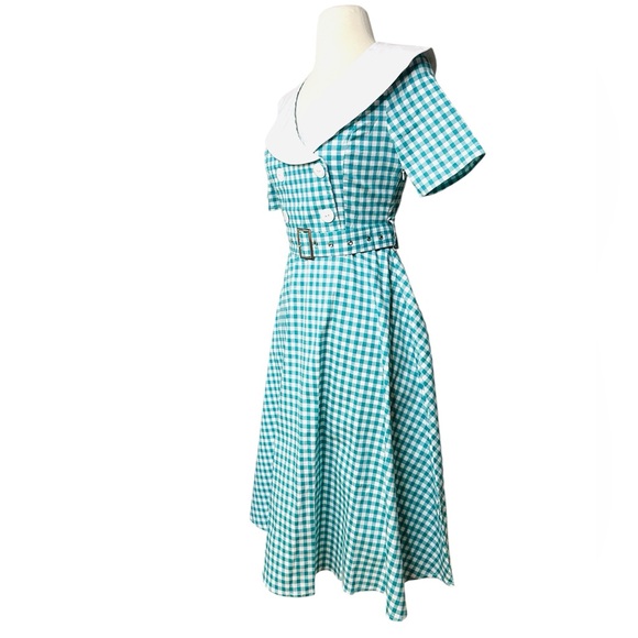 Vintage Blue Fit and Flare Midi Dress with Asymmetrical Neckline - Picture 2 of 7